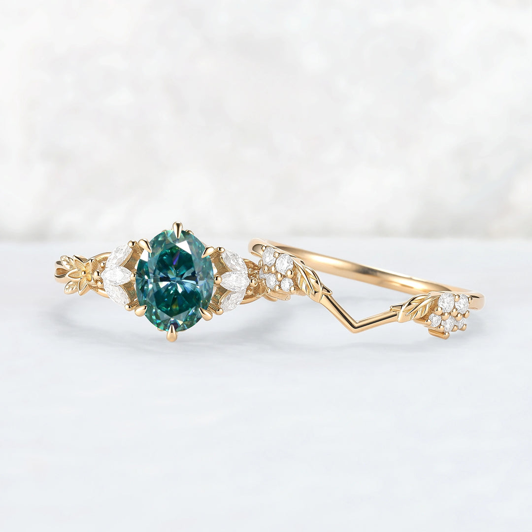 Nature Inspired Oval Cut Green Moissanite Leafy Engagement Ring Set 2pcs