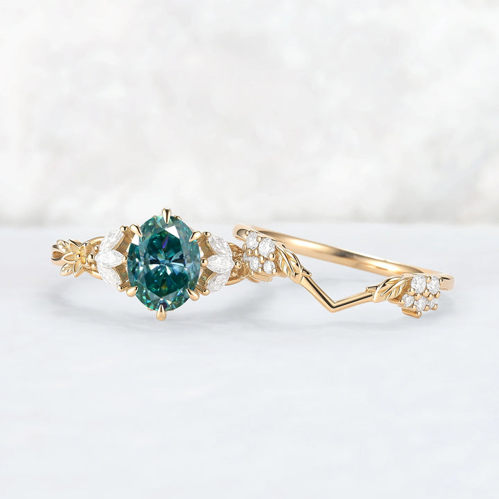 Nature Inspired Oval Cut Green Moissanite Leafy Engagement Ring Set 2pcs