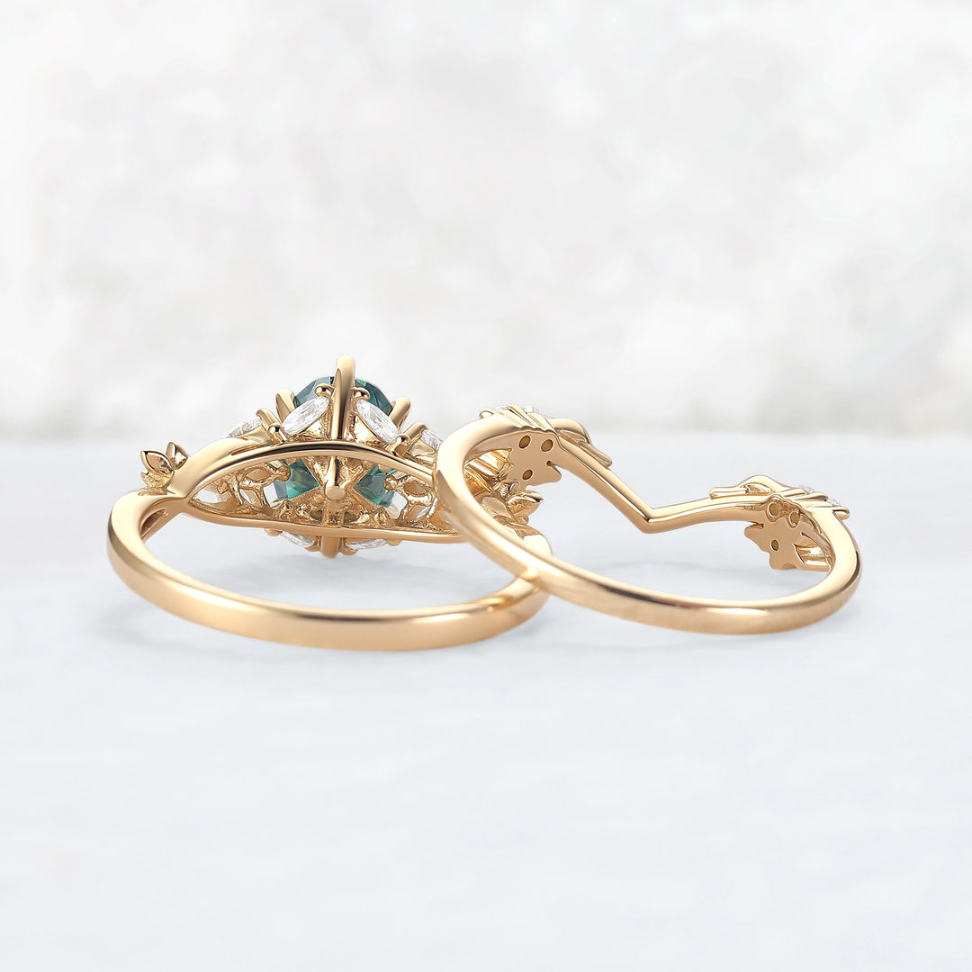 Nature Inspired Oval Cut Green Moissanite Leafy Engagement Ring Set 2pcs