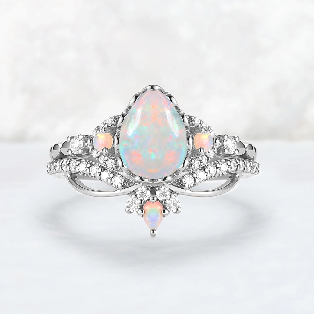 Nature Pear Cut Opal Vine Handmade Gemstone Ring Set 3pcs