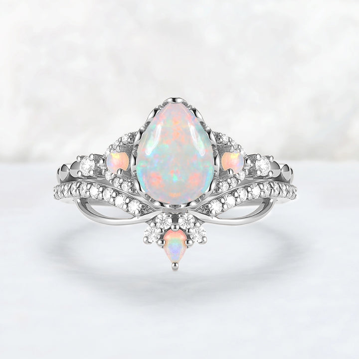 Nature Pear Cut Opal Vine Handmade Gemstone Ring Set 3pcs