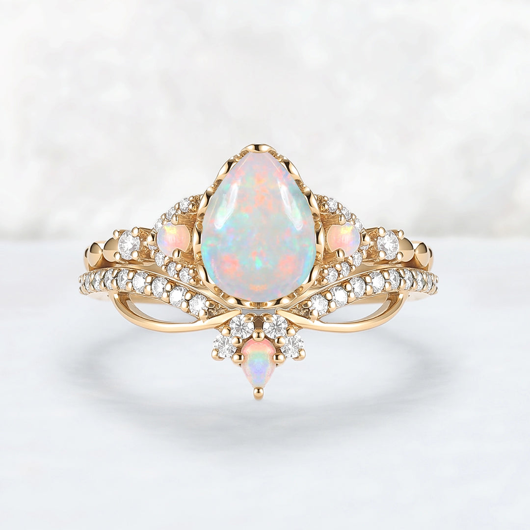Nature Pear Cut Opal Vine Handmade Gemstone Ring Set 3pcs