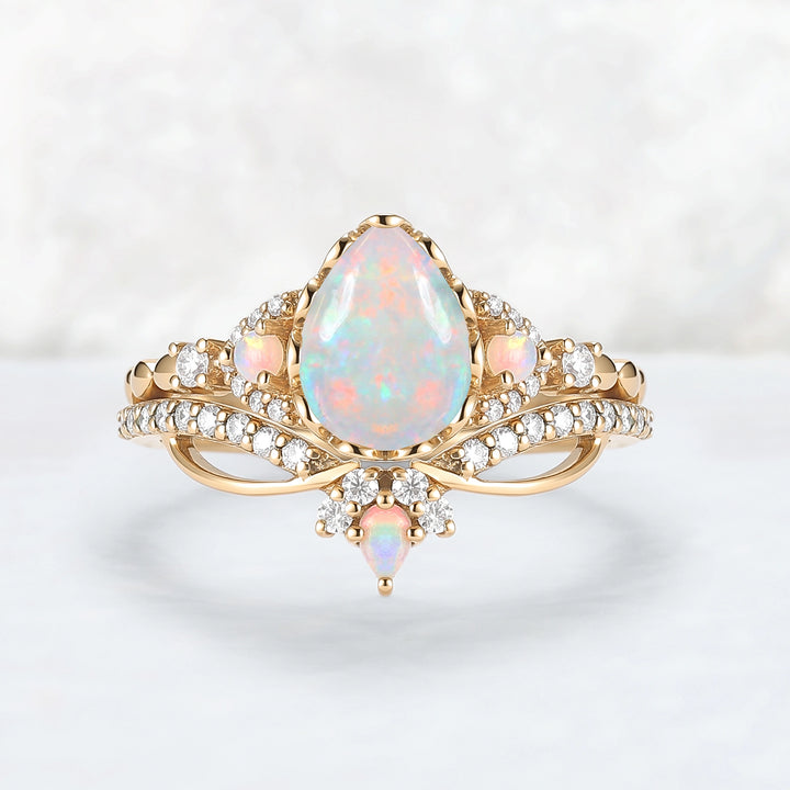 Nature Pear Cut Opal Vine Handmade Gemstone Ring Set 3pcs