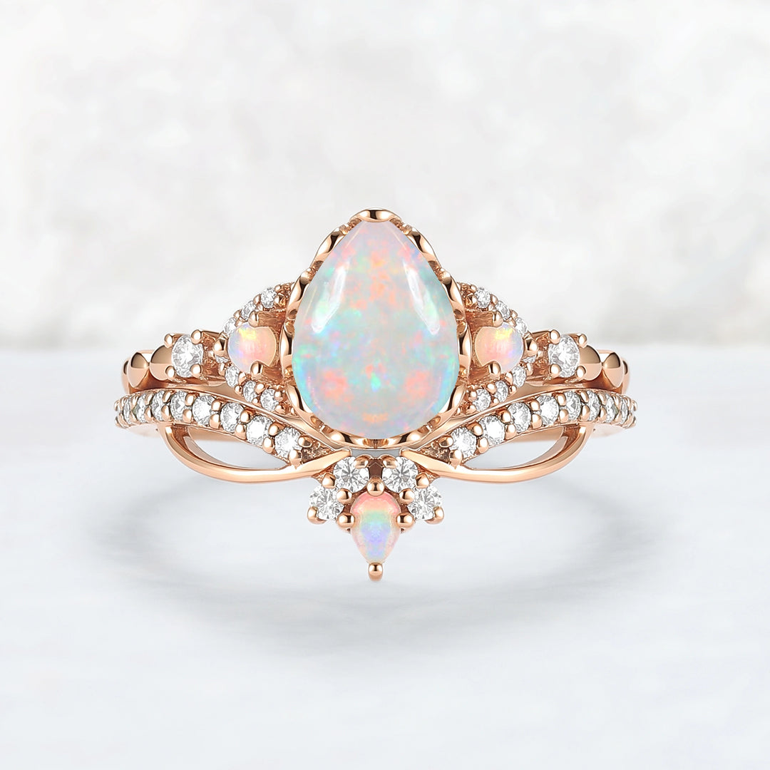 Nature Pear Cut Opal Vine Handmade Gemstone Ring Set 3pcs