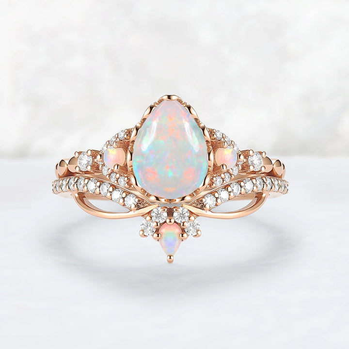 Nature Pear Cut Opal Vine Handmade Gemstone Ring Set 3pcs