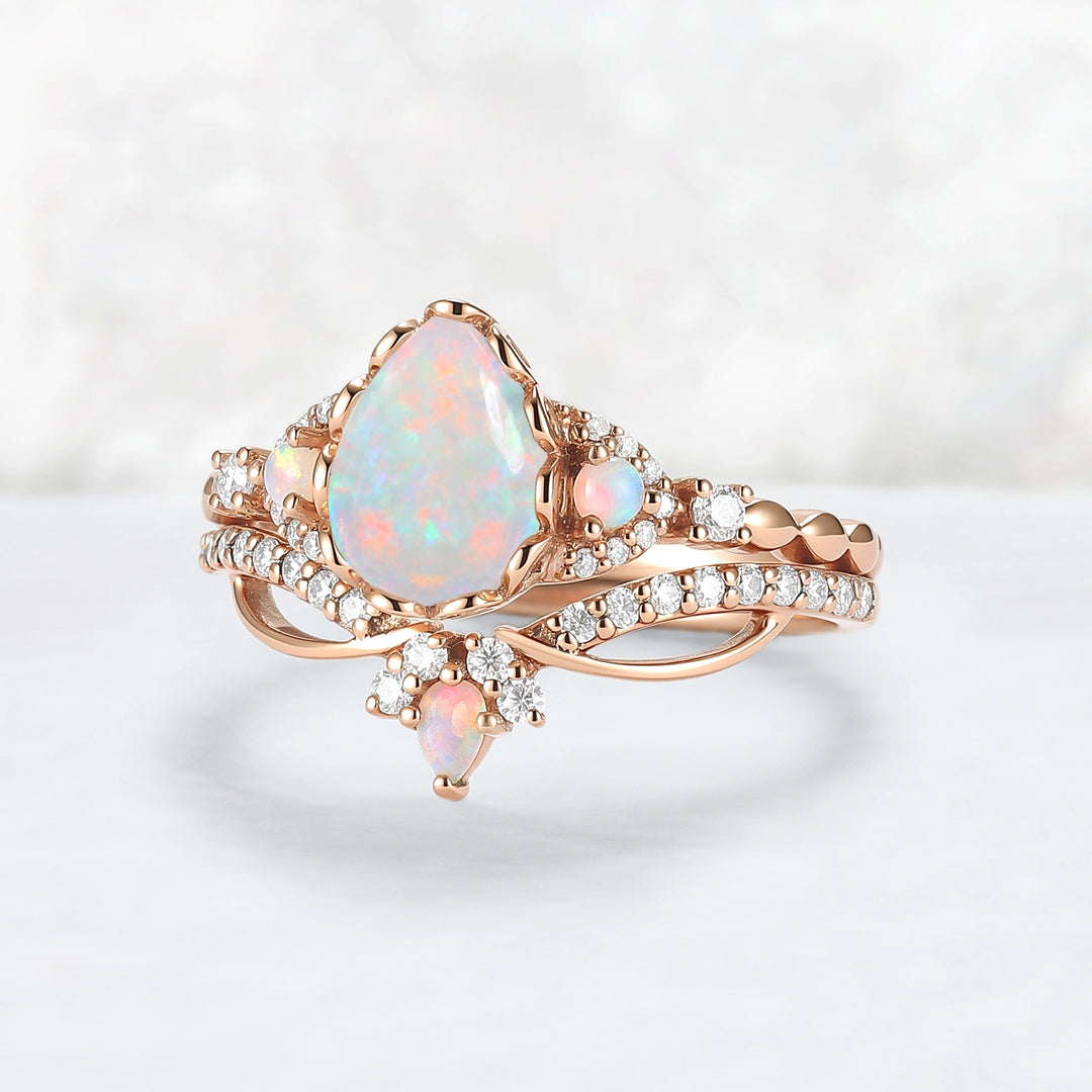 Nature Pear Cut Opal Vine Handmade Gemstone Ring Set 3pcs