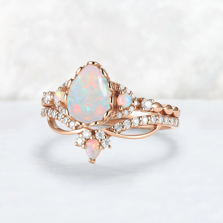 Nature Pear Cut Opal Vine Handmade Gemstone Ring Set 3pcs