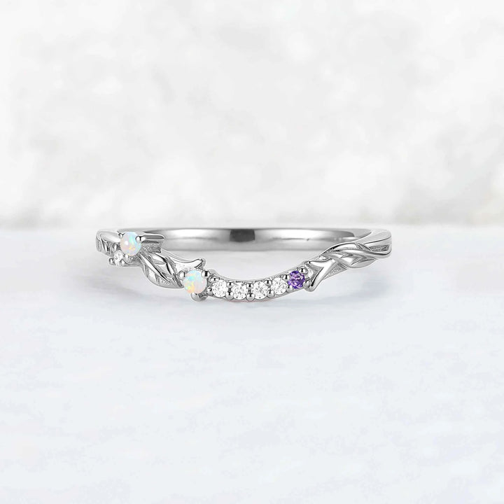 Curved Opal and Moissanite Leafy Wedding Ring
