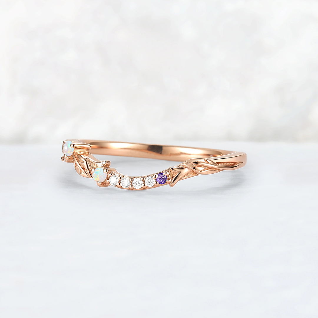 Curved Opal and Moissanite Leafy Wedding Ring