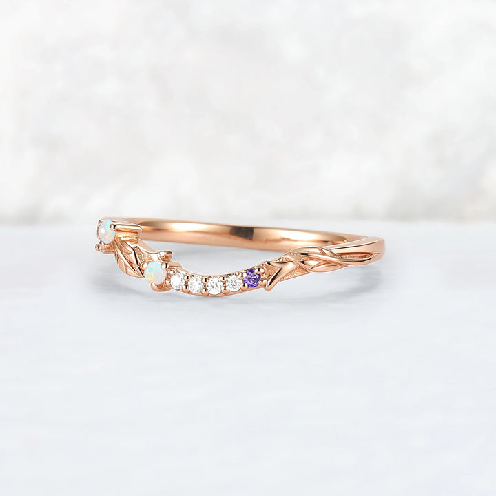 Curved Opal and Moissanite Leafy Wedding Ring