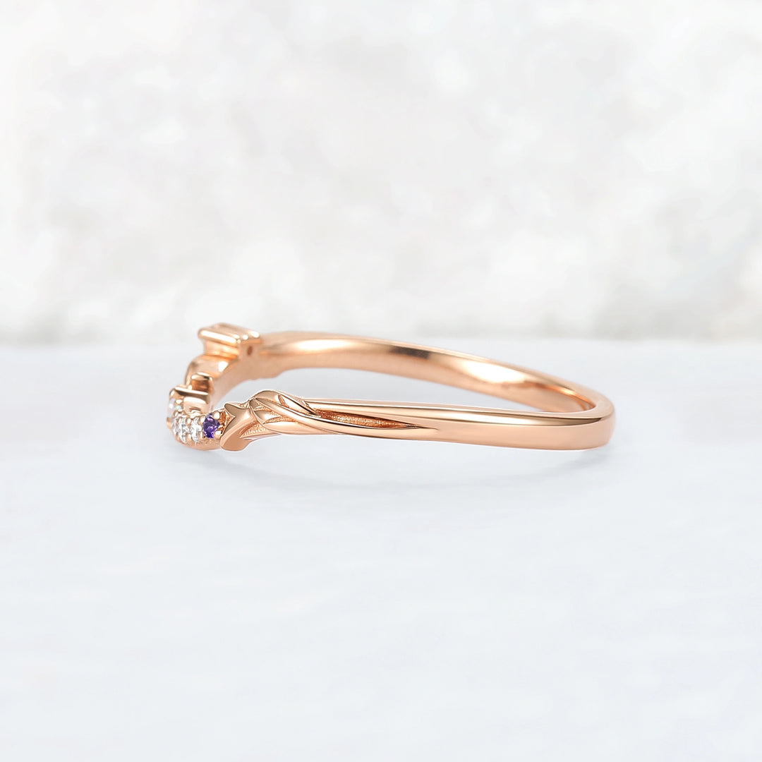 Curved Opal and Moissanite Leafy Wedding Ring