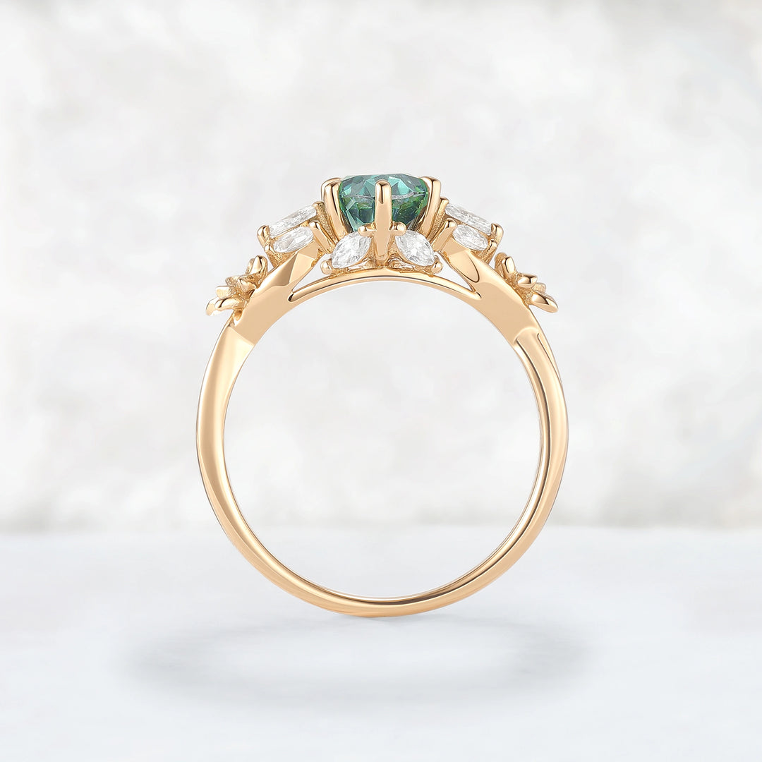 Nature Inspired Oval Cut Green Moissanite Leafy Engagement Ring Set 2pcs