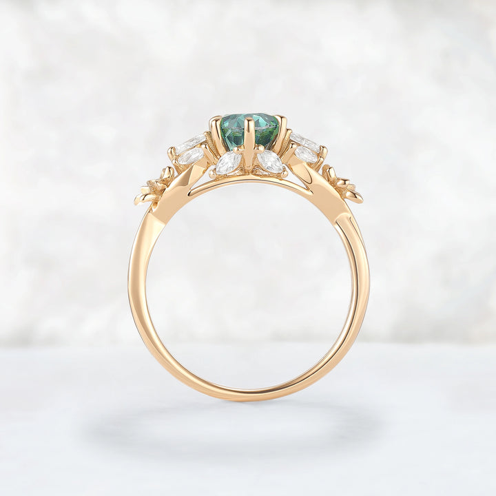 Nature Inspired Oval Cut Green Moissanite Leafy Engagement Ring Set 2pcs