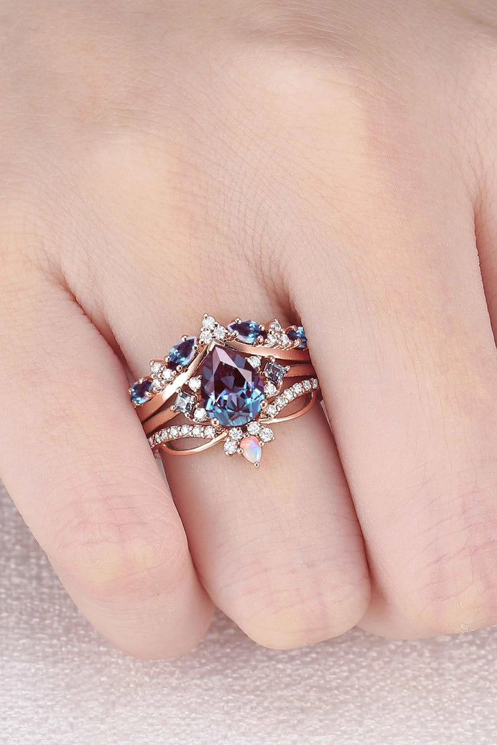 Princess Mononoke Pear Cut Alexandrite Cluster Gemstone Ring Set 3pcs