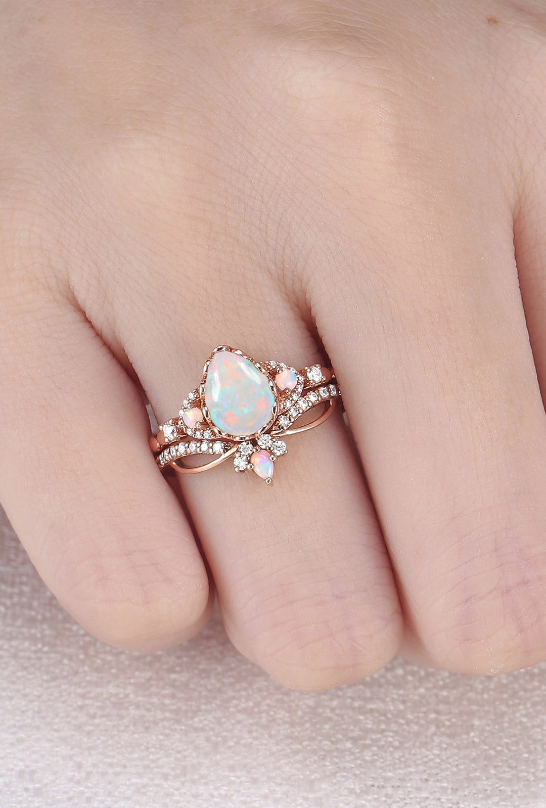 Nature Pear Cut Opal Vine Handmade Gemstone Ring Set 3pcs