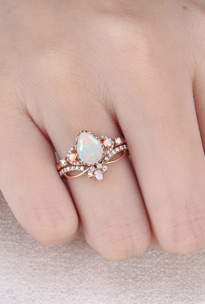 Nature Pear Cut Opal Vine Handmade Gemstone Ring Set 3pcs