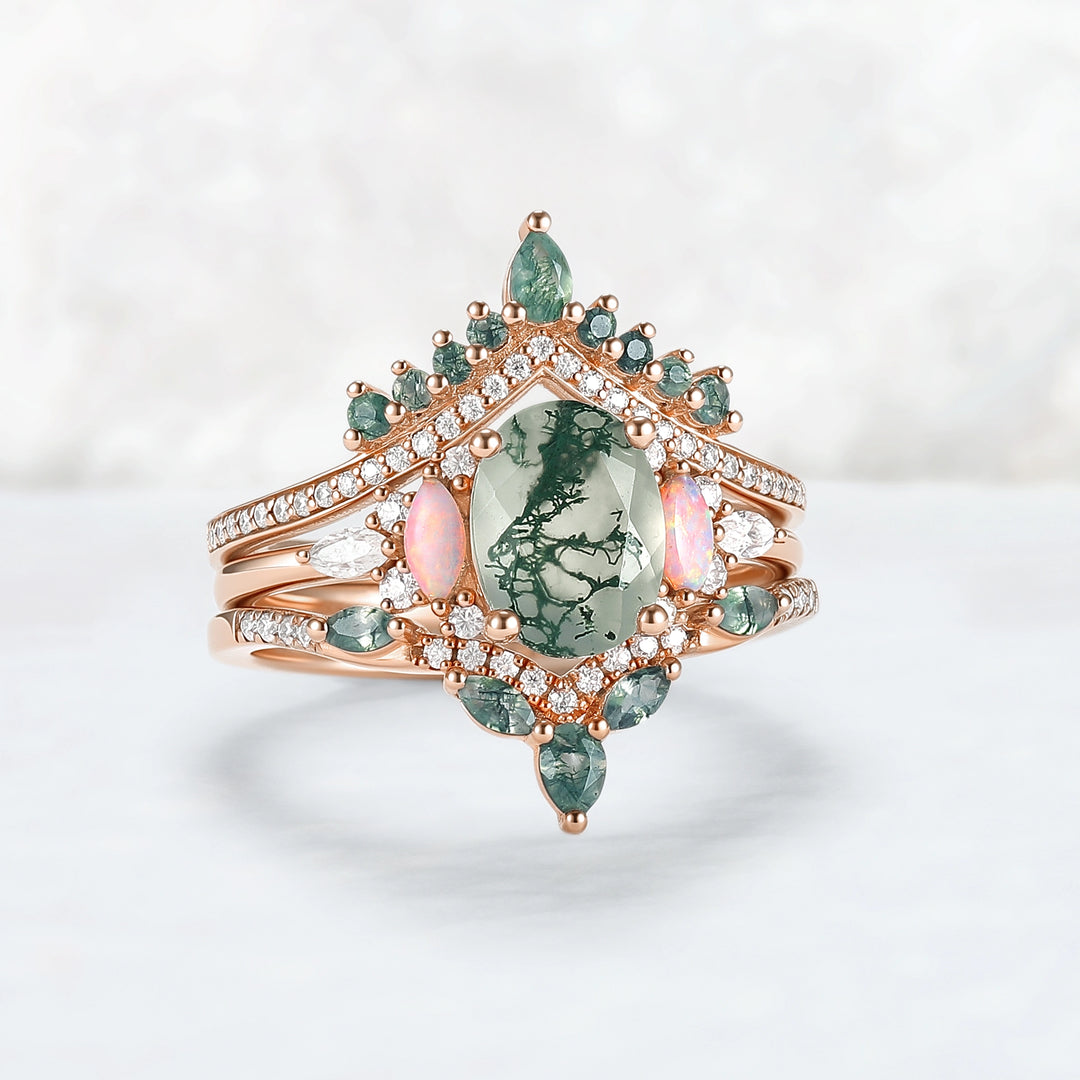 Nature Inspired Oval Cut Moss Agate Cluster Gemstone Ring Set 3pcs