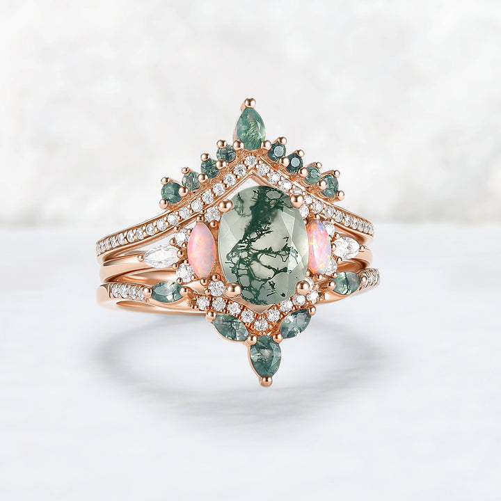 Nature Inspired Oval Cut Moss Agate Cluster Gemstone Ring Set 3pcs