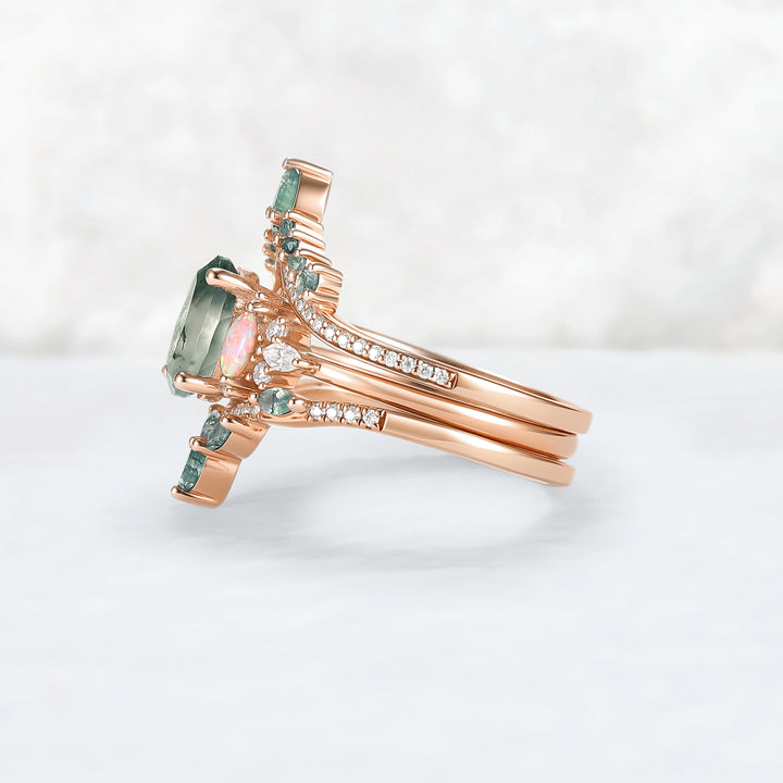 Nature Inspired Oval Cut Moss Agate Cluster Gemstone Ring Set 3pcs