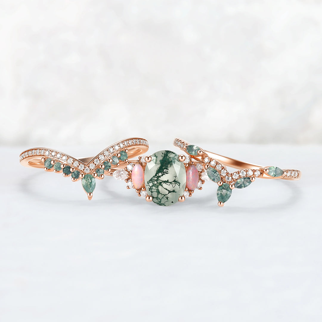 Nature Inspired Oval Cut Moss Agate Cluster Gemstone Ring Set 3pcs