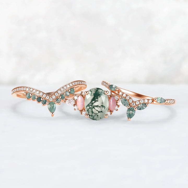 Nature Inspired Oval Cut Moss Agate Cluster Gemstone Ring Set 3pcs