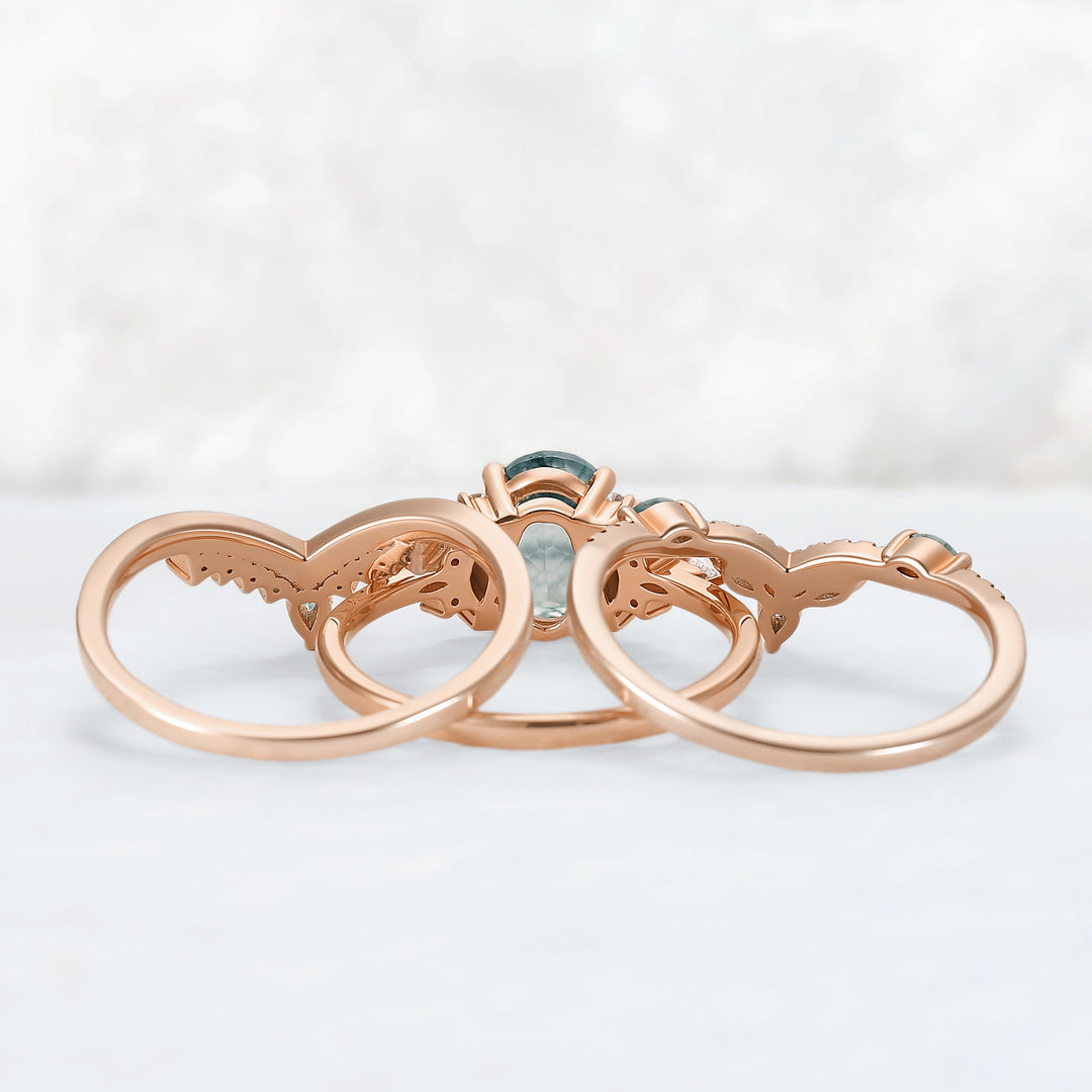 Nature Inspired Oval Cut Moss Agate Cluster Gemstone Ring Set 3pcs