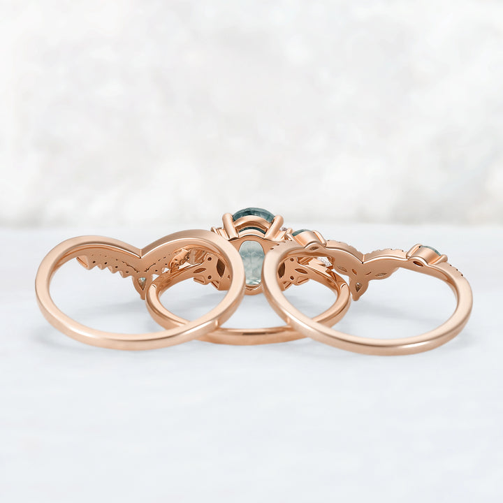 Nature Inspired Oval Cut Moss Agate Cluster Gemstone Ring Set 3pcs