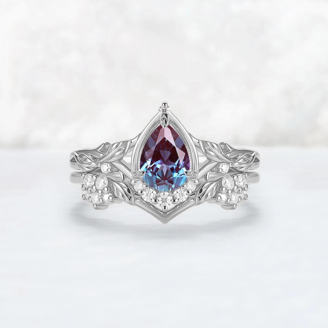 Nature Inspired Pear Cut Alexandrite Leaves Gemstone Ring Set 2pcs