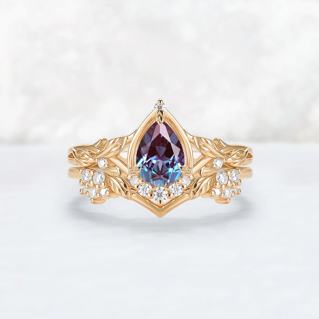 Nature Inspired Pear Cut Alexandrite Leaves Gemstone Ring Set 2pcs