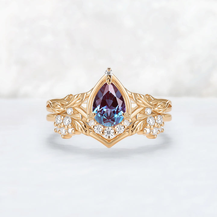 Nature Inspired Pear Cut Alexandrite Leaves Gemstone Ring Set 2pcs