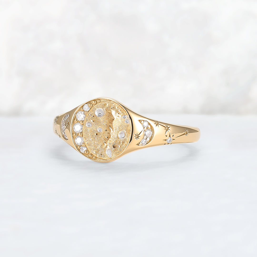 Moonlit Crater Rond Cut Moissanite Yellow Gold Signet Ring