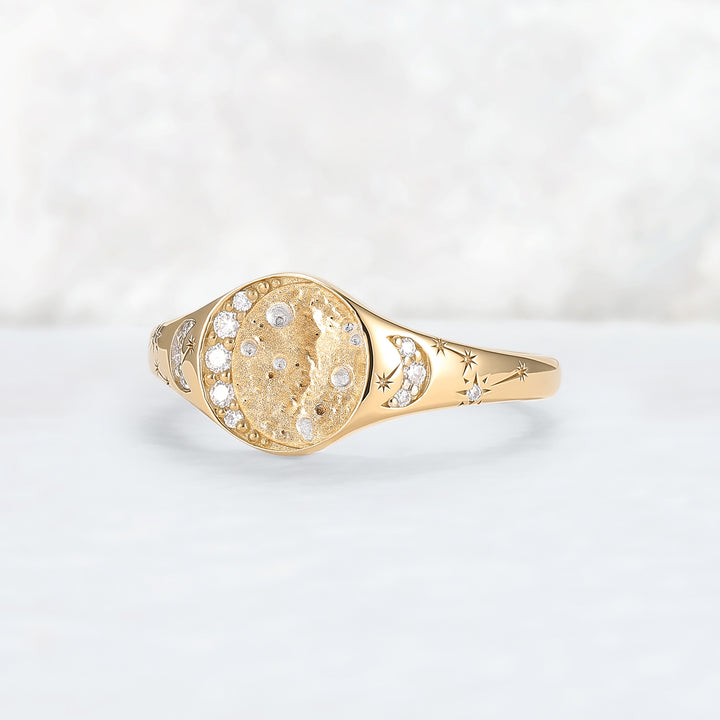 Moonlit Crater Rond Cut Moissanite Yellow Gold Signet Ring