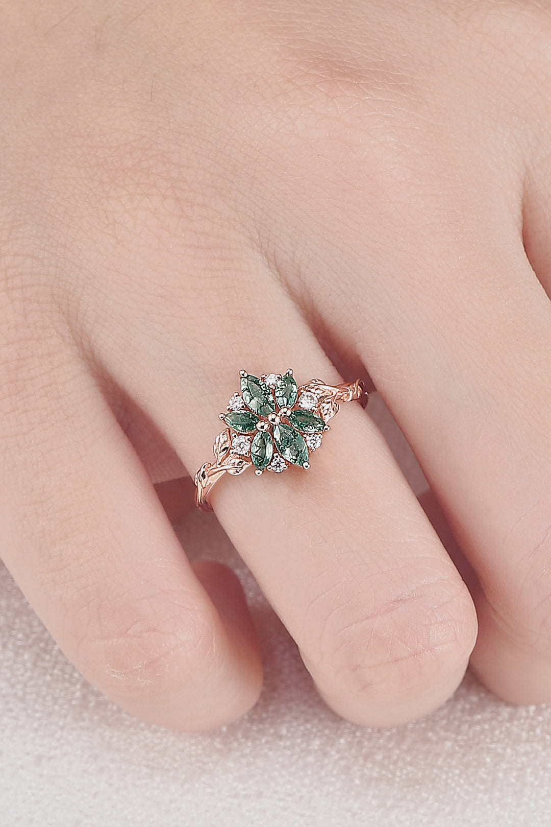 Nature Inspired Marquise Shaped Moss Agate with Moissanite Leafy & Floral Ring