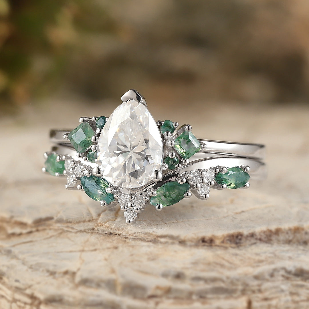 Cluster Pear Cut Moissanite Seven Stones Gemstone Ring 2pcs - Iver Jewelry