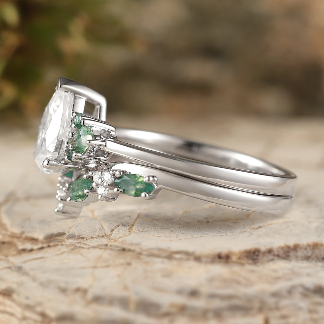 Cluster Pear Cut Moissanite Seven Stones Silver Ring Set 2pcs