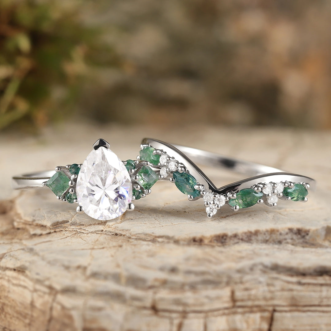 Cluster Pear Cut Moissanite Seven Stones Silver Ring Set 2pcs