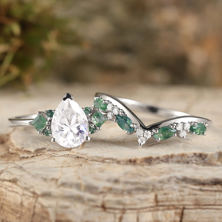 Cluster Pear Cut Moissanite Seven Stones Silver Ring Set 2pcs