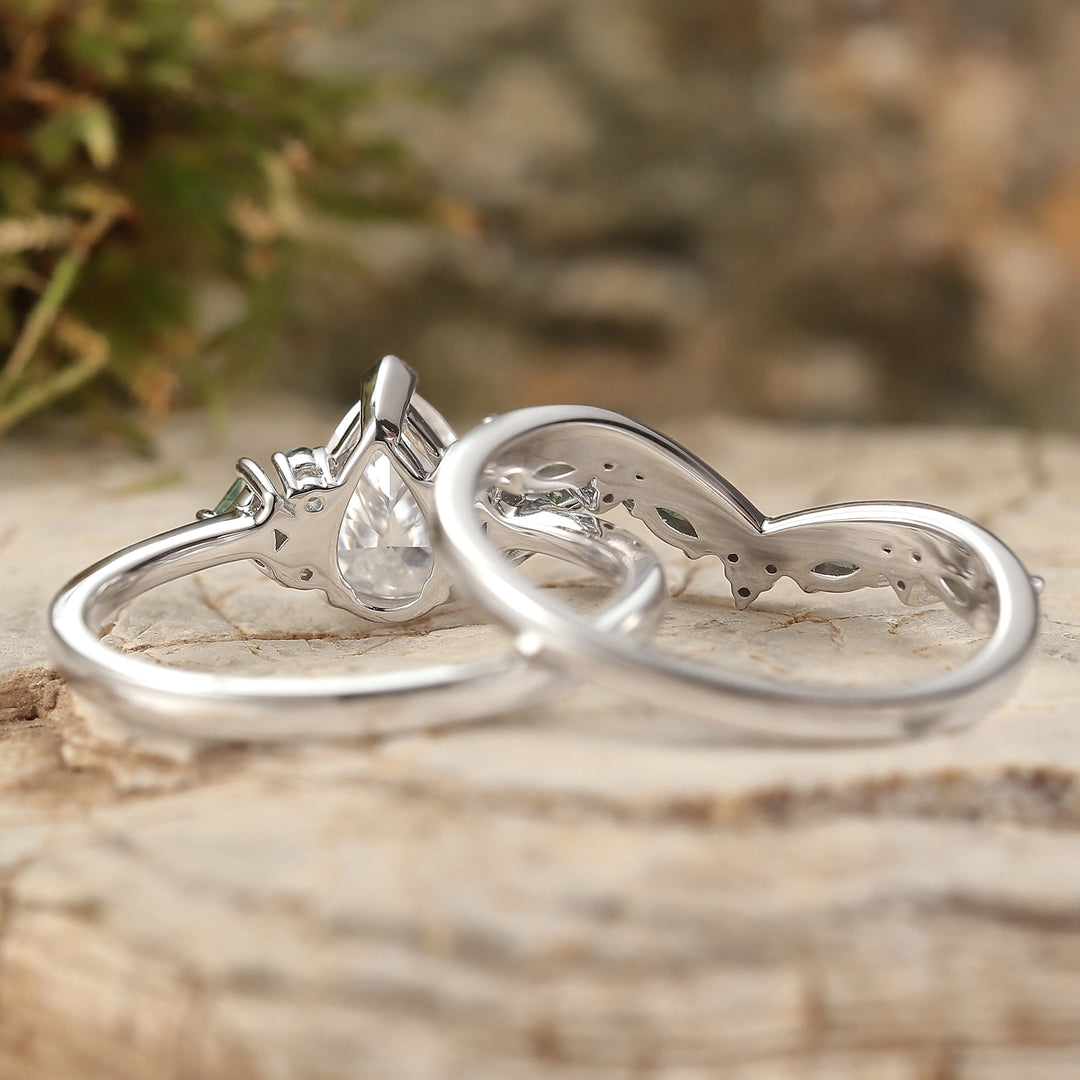 Cluster Pear Cut Moissanite Seven Stones Silver Ring Set 2pcs