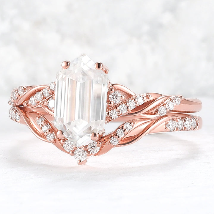 Unique Hexagon Cut Moissanite Vine Ring Set 2pcs - Iver Jewelry