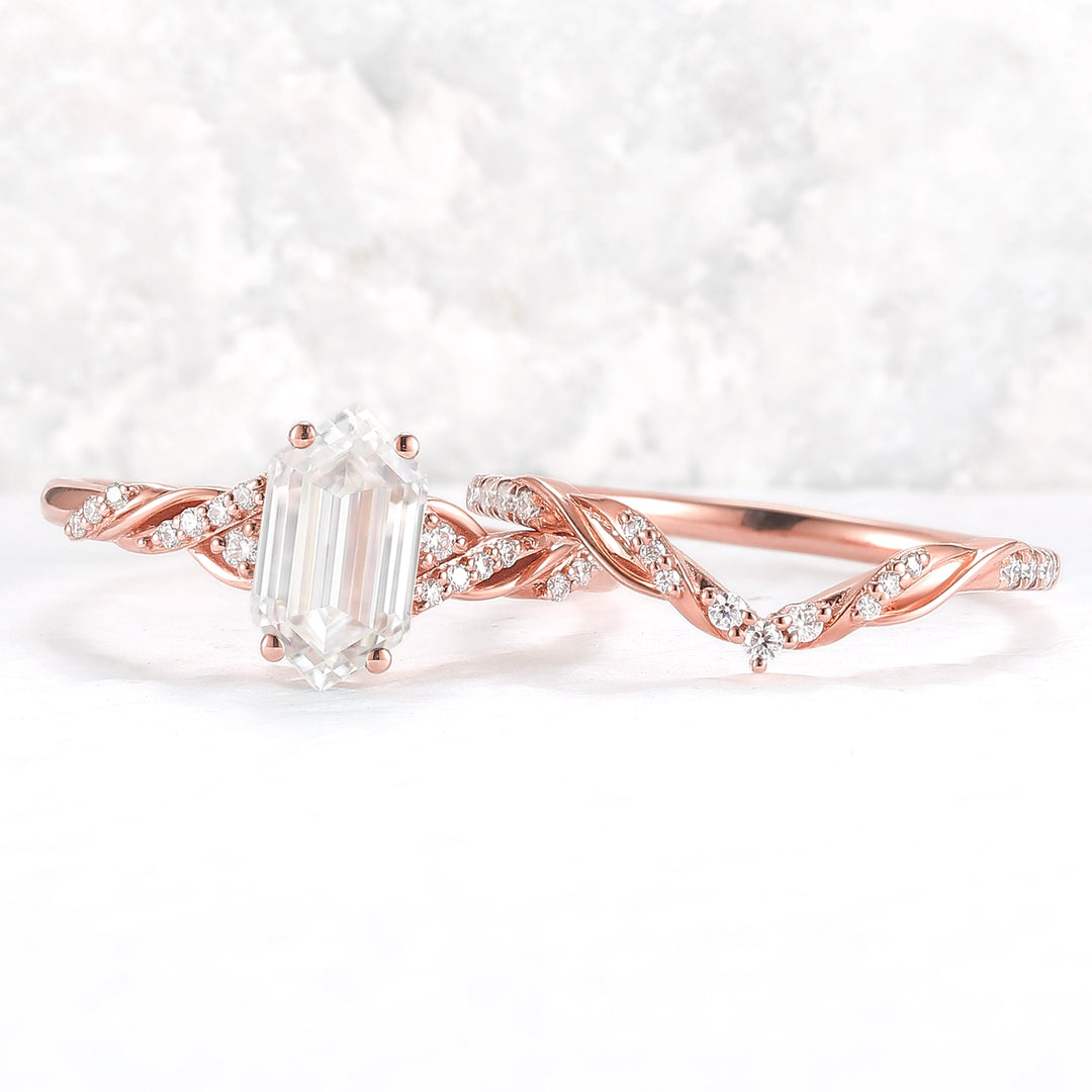 Unique Hexagon Cut Moissanite Vine Ring Set 2pcs - Iver Jewelry