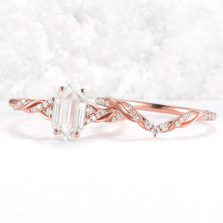 Unique Hexagon Cut Moissanite Vine Ring Set 2pcs - Iver Jewelry