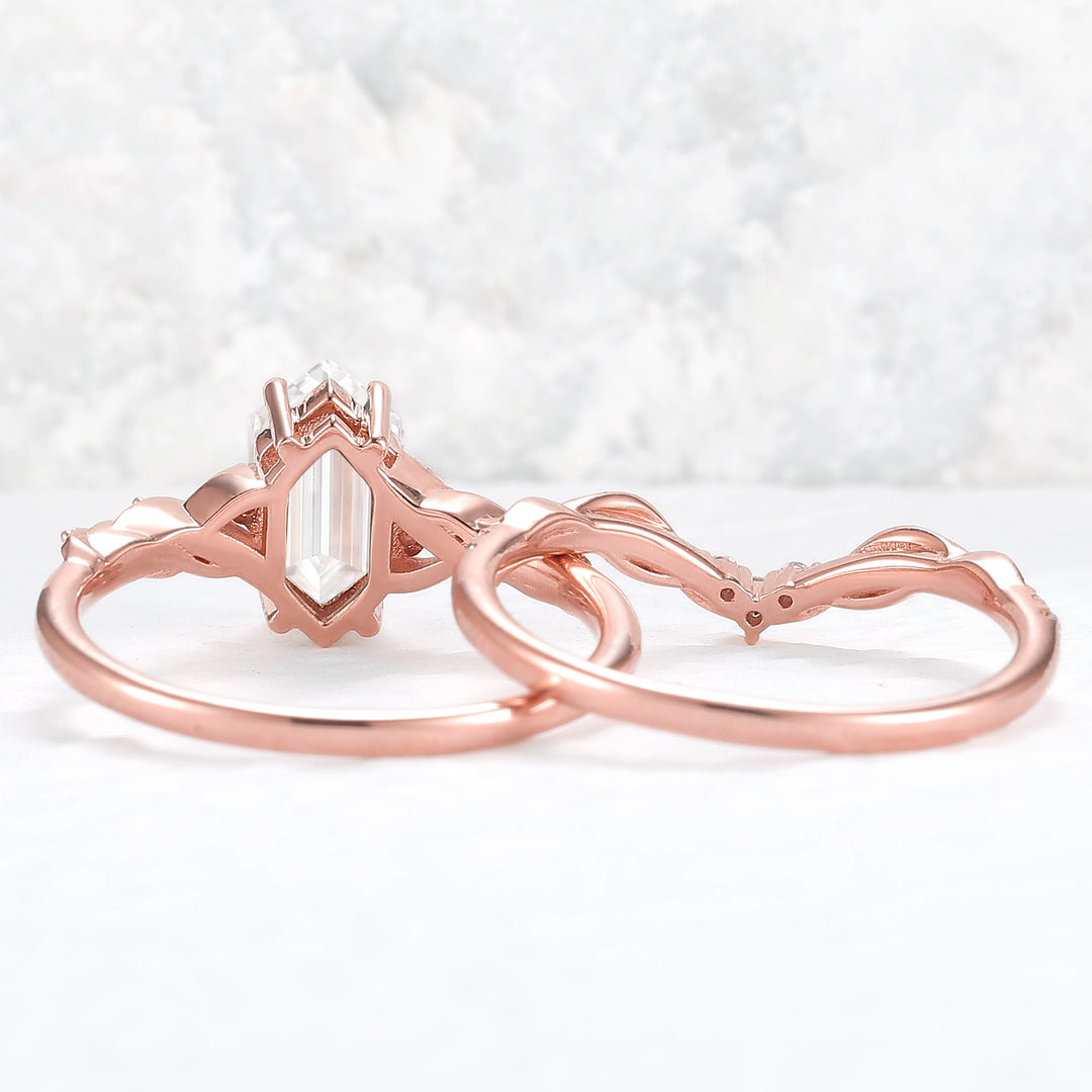 Unique Hexagon Cut Moissanite Vine Ring Set 2pcs - Iver Jewelry