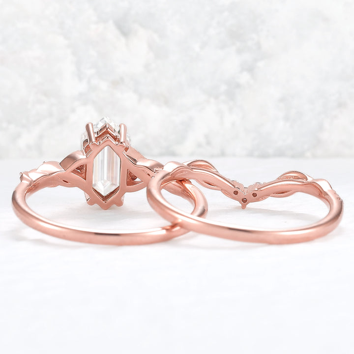 Unique Hexagon Cut Moissanite Vine Ring Set 2pcs - Iver Jewelry