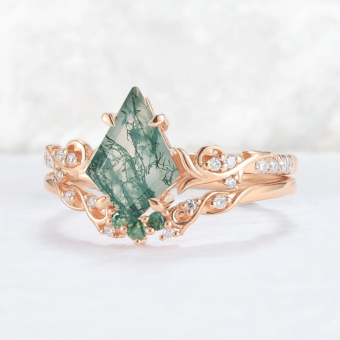 Nature Inspired Kite Cut Moss Agate Vine Gemstone Ring Set 2pcs