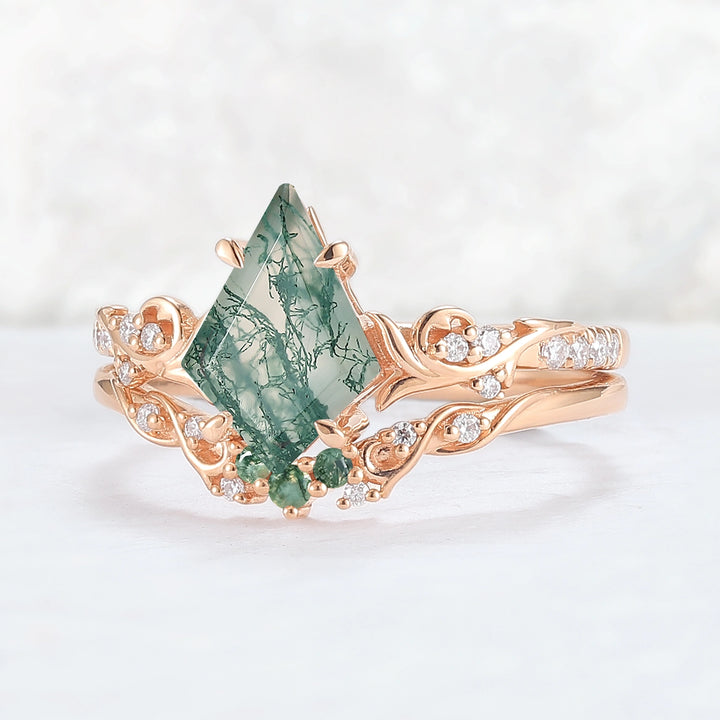Nature Inspired Kite Cut Moss Agate Vine Gemstone Ring Set 2pcs