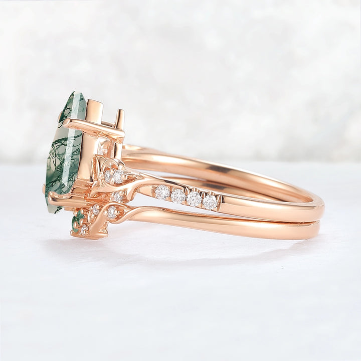 Nature Inspired Kite Cut Moss Agate Vine Gemstone Ring Set 2pcs