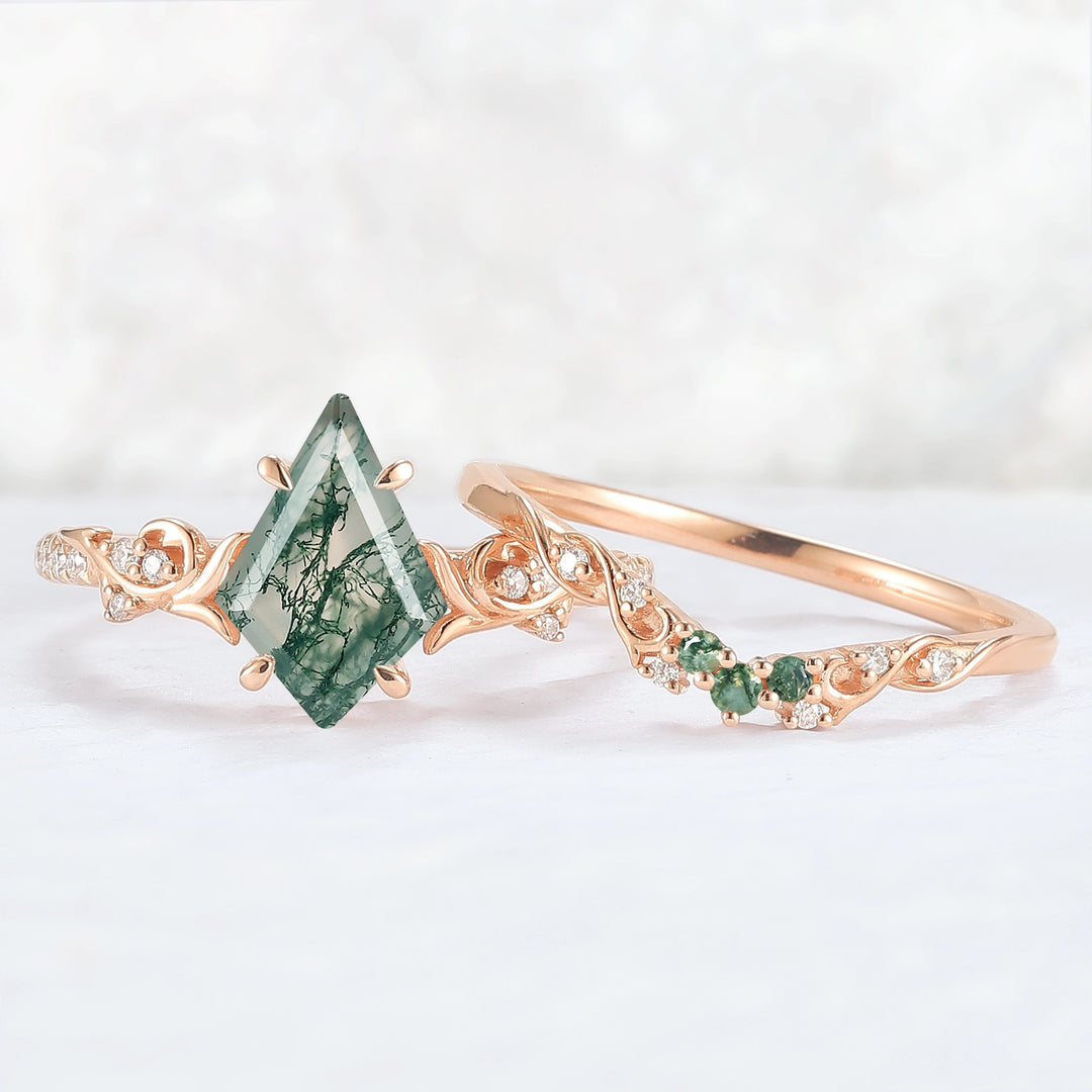 Nature Inspired Kite Cut Moss Agate Vine Gemstone Ring Set 2pcs