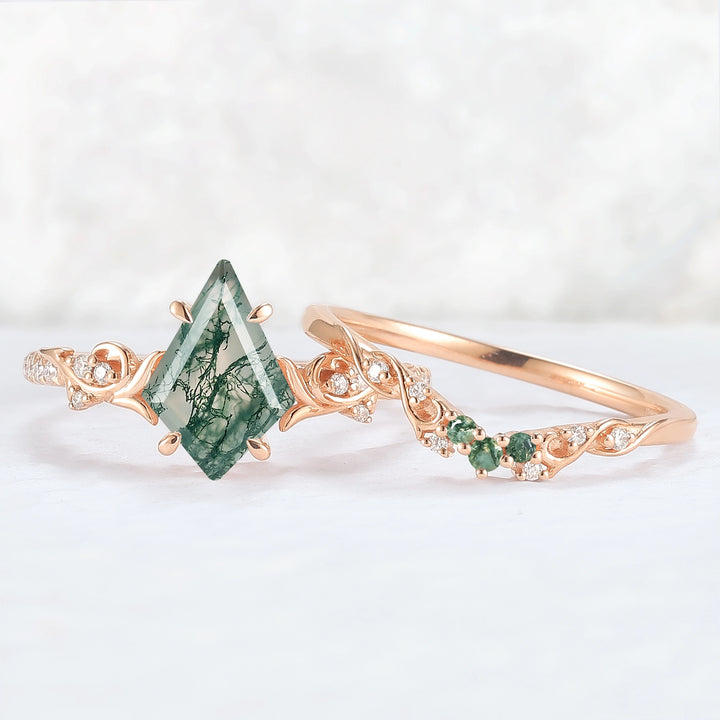 Nature Inspired Kite Cut Moss Agate Vine Gemstone Ring Set 2pcs