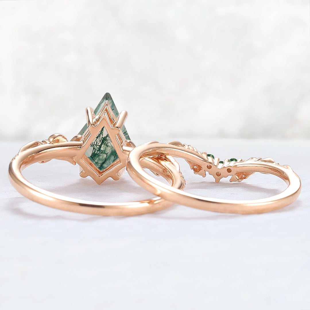 Nature Inspired Kite Cut Moss Agate Vine Gemstone Ring Set 2pcs
