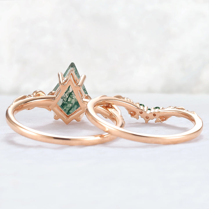 Nature Inspired Kite Cut Moss Agate Vine Gemstone Ring Set 2pcs